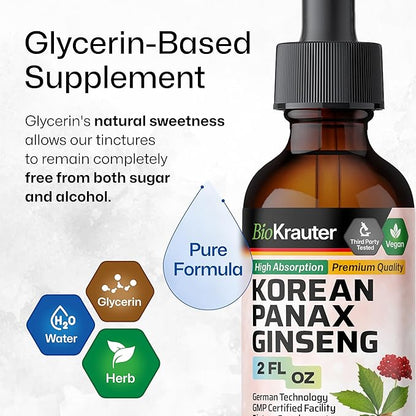 BIO KRAUTER Panax Ginseng Extract Liquid - Korean Red Ginseng Supplement Alcohol Free - Immune Support - Vegan, Sugar Free - 2 Fl.Oz.
