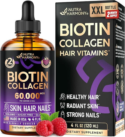 Liquid Biotin & Collagen - Vitamins for Hair Growth Support for Women & Men - Extra Strength 60000 mcg Drops - B7 Supplement - Strong Nails & Healthy Skin - 98% Faster Absorption Than Pills