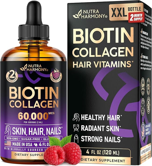Liquid Biotin & Collagen - Vitamins for Hair Growth Support for Women & Men - Extra Strength 60000 mcg Drops - B7 Supplement - Strong Nails & Healthy Skin - 98% Faster Absorption Than Pills
