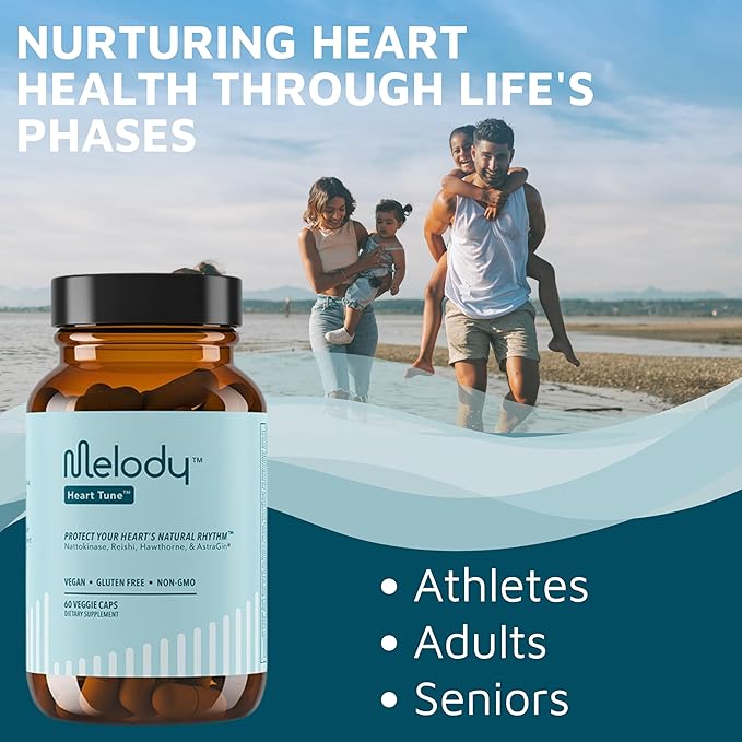 Melody Heart Health Supplements for Men & Women – Heart Tune Circulation, Blood Pressure, & Cardiovascular Health Support Supplement with Reishi, Hawthorn, Nattokinase & AstraGin, 60 Caps, 1 Pack