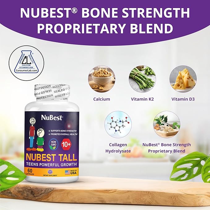 NuBest Tall 10+ - Premium Bone Strength Formula, Enhanced Immunity and Overall Health for Age 10+ - Who Drink Milk Daily with Calcium, Vitamin D3, Vitamin K2, and Multivitamins - 60 Capsules