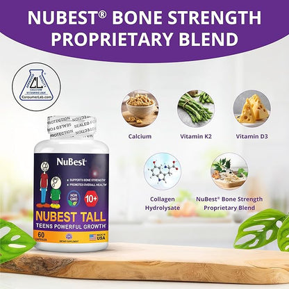 NuBest Tall 10+ - Premium Bone Strength Formula, Enhanced Immunity and Overall Health for Age 10+ - Who Drink Milk Daily with Calcium, Vitamin D3, Vitamin K2, and Multivitamins - 60 Capsules