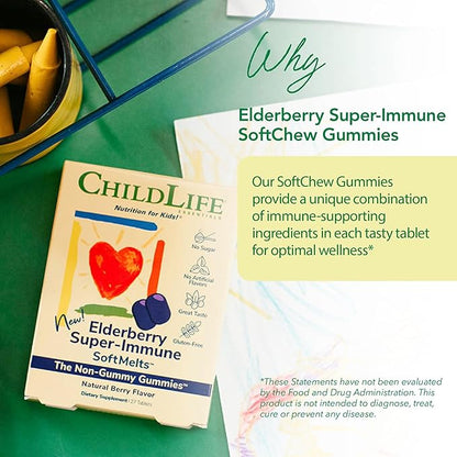 CHILDLIFE ESSENTIALS Elderberry Super-Immune SoftChew Gummies for Kids - Immune Support with Vitamin C & Vitamin D3, Elderberry Immune Supplement for Babies, Toddlers & Children - Berry, 27 Softchews