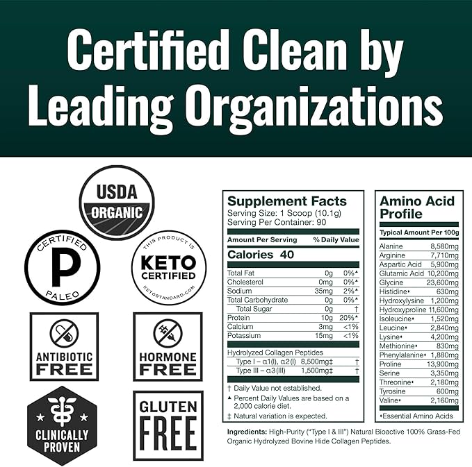 Natural Force Organic Clean Collagen Peptides Powder - USDA Certified Organic & Non-GMO, Keto & Paleo Certified - Hydrolyzed Type I & III Protein Powder with Essential Amino Acids – Unflavored, 32oz