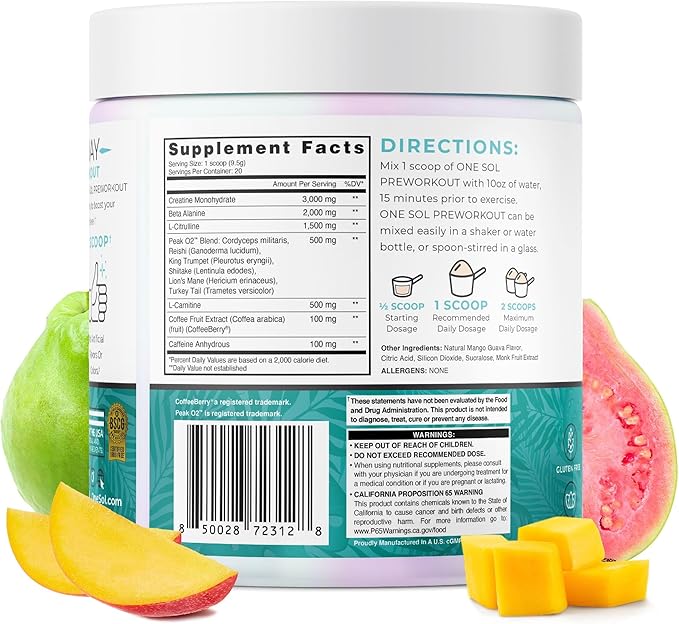 One Sol Pre-Workout for Women, Enhanced Pump & Focus, No Jitters Or Crash, Natural Ingredients, 100% Vegan, Gluten Free & Soy Free, (Mango Guava)