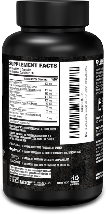Jacked Factory Burn XT Black Thermogenic Fat Burner - Weight Loss Supplement, Appetite Suppressant, Nootropic Energy Booster | TeaCrine, Acetyl L-Carnitine, Green Tea Extract - 90 Veg Diet Pills