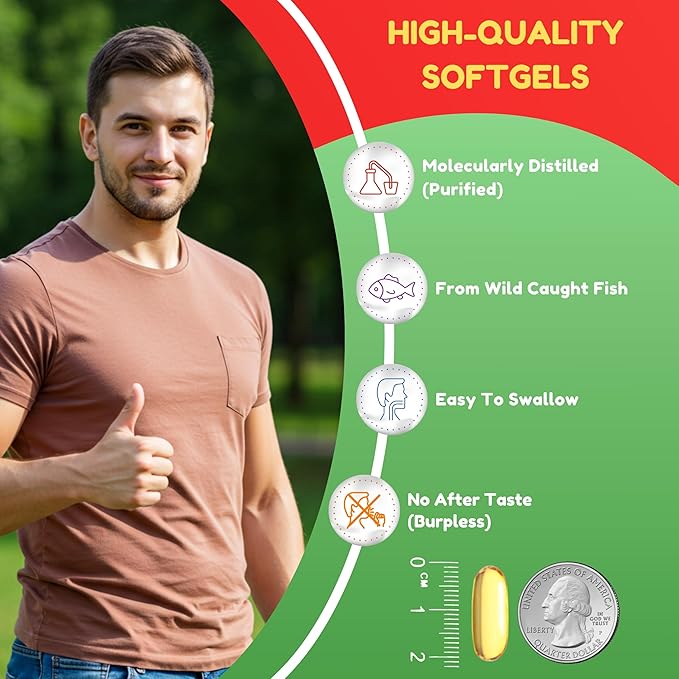 Halal Fish Oil 2000mg Softgels with 360mg EPA & 240mg DHA. 100 Wild Caught & Non-GMO Omega 3 Softgels for Heart & Brain Health. Burpless, Easy-to-Swallow Fish Oil Omega 3 Supplements