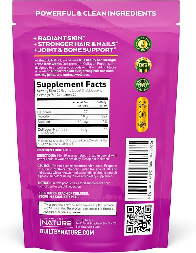 Built by Nature Collagen Peptides Powder, 500 Grams - Unflavored, Platinum Grade Hydrolyzed Collagen Protein with No Odor or Taste, Easy Mixing - Grass Fed, Non-GMO - Hair, Skin, Nails Supplement