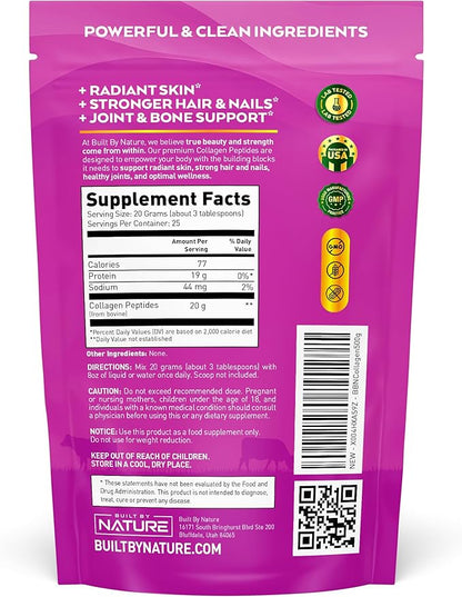 Built by Nature Collagen Peptides Powder, 500 Grams - Unflavored, Platinum Grade Hydrolyzed Collagen Protein with No Odor or Taste, Easy Mixing - Grass Fed, Non-GMO - Hair, Skin, Nails Supplement