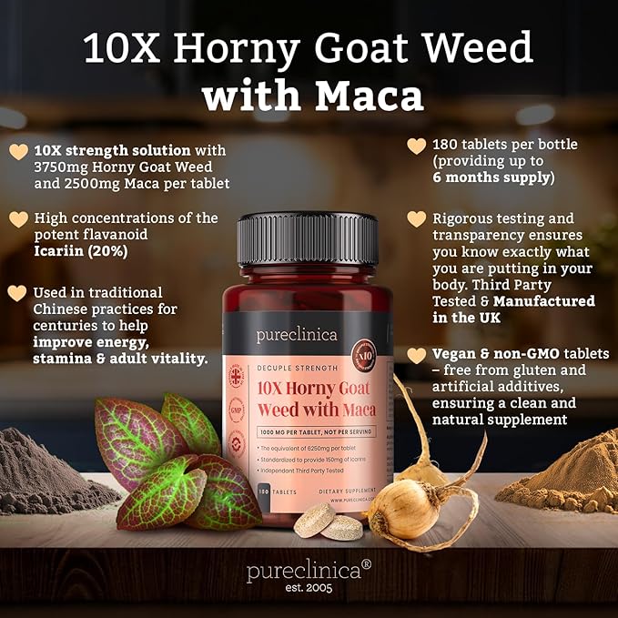 pureclinica 10X Strength Horny Goat Weed & Maca Extract 6250mg x 360 Tablets (2 Bottles of 180) - 1 Years Supply