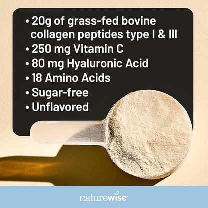 NatureWise Collagen Peptides Powder with Hyaluronic Acid and Vitamin C - Unflavored Collagen Peptides for Women & Men - Type I & III for Hair, Skin & Nails - Sugar, Gluten & Dairy Free - 30 Servings