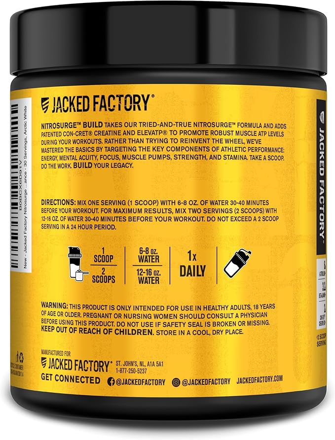 Jacked Factory Nitrosurge Build Pre Workout with Creatine for Muscle Building - Con Cret Creatine Powder & elevATP for Intense Energy, Powerful Pumps, & Endless Endurance - 30 Servings, Arctic White