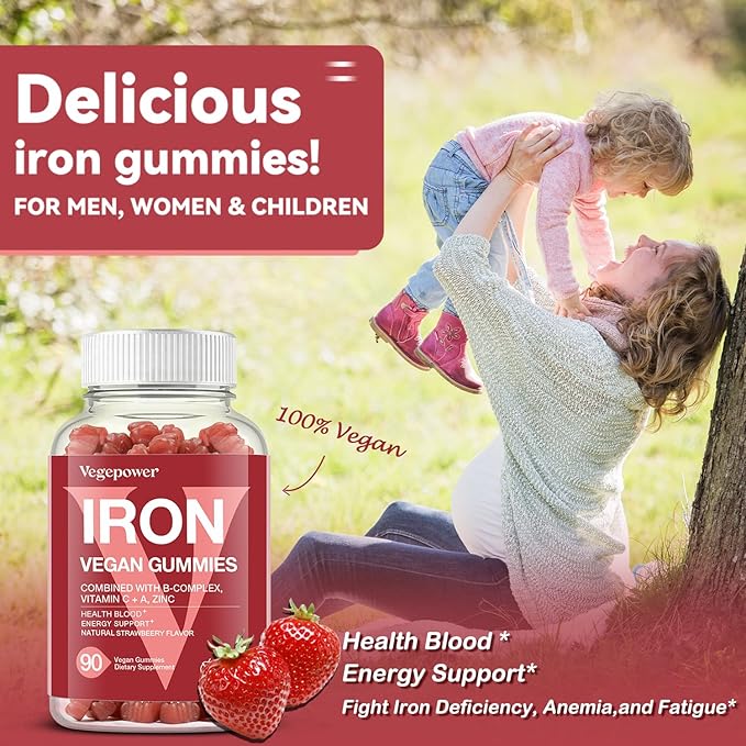 Iron Gummies Supplements for Women & Kids - Multivitamin with Iron Gummy for Blood Oxygen, Great Tasting Gummies with Vitamin C for Max Absorption, Vegan Chewable(180 Count, Strawberry)