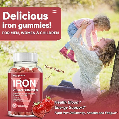 Iron Gummies Supplements for Women & Kids - Multivitamin with Iron Gummy for Blood Oxygen, Great Tasting Gummies with Vitamin C for Max Absorption, Vegan Chewable(180 Count, Strawberry)