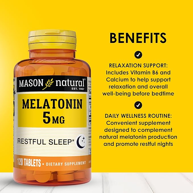 MASON NATURAL Melatonin 5 mg with B6 & Calcium, Natural Sleep Aid, Supports Restful Sleep, 120 Tablets
