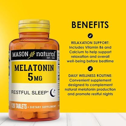 MASON NATURAL Melatonin 5 mg with B6 & Calcium, Natural Sleep Aid, Supports Restful Sleep, 120 Tablets