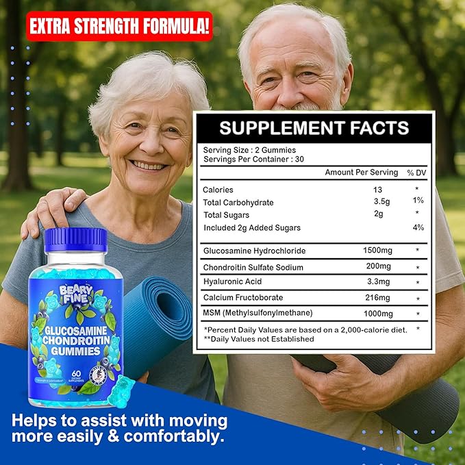 Glucosamine Chondroitin Gummies – 1500mg Extra Strength with MSM – for Adults, Men & Women – 60 Gummies – Made in The USA