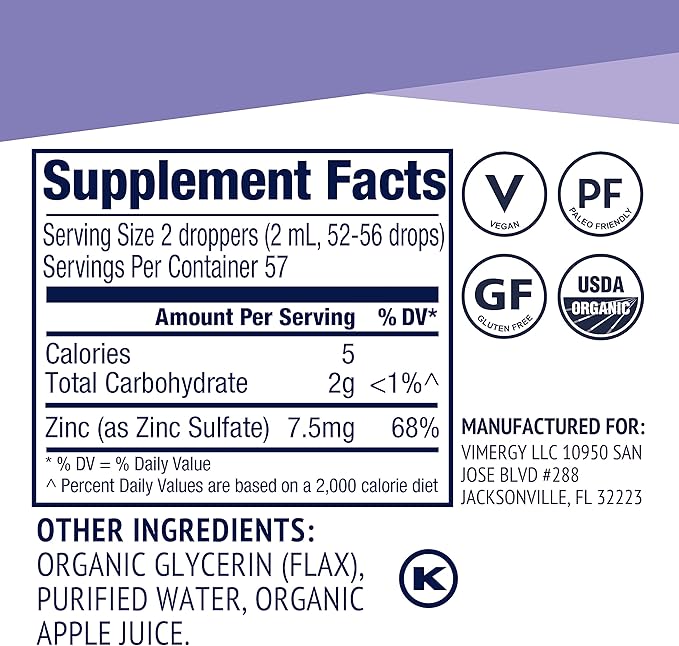 Vimergy Organic Zinc Supplements For Women & Men (7.5mg Liquid Zinc Per Serving) Fast-Absorbing Immune Support, Promotes Healthy Bones & Skin, USDA Certified Organic, Vegan, Up to 57 Servings (115 mL)