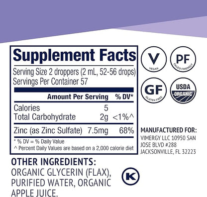 Vimergy Organic Zinc Supplements For Women & Men (7.5mg Liquid Zinc Per Serving) Fast-Absorbing Immune Support, Promotes Healthy Bones & Skin, USDA Certified Organic, Vegan, Up to 57 Servings (115 mL)