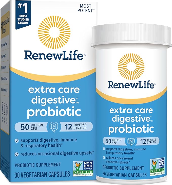 Renew Life Extra Care Digestive Probiotic Capsules, 50 Billion CFU Guaranteed, Daily Supplement Supports Immune, Digestive, Respiratory Health(1), L. Rhamnosus GG, Dairy, Soy and Gluten-Free, 30 Count
