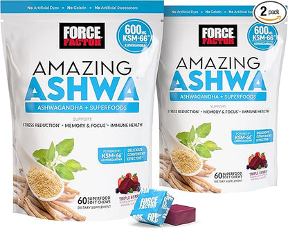 FORCE FACTOR Amazing Ashwa for Stress Relief, Memory, Focus, and Immune Support Health, Ashwaganda Supplement with KSM-66 Ashwagandha for Stress, 120 Soft Chews