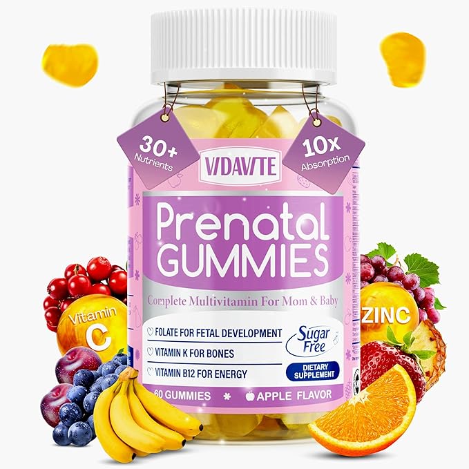 Sugar Free Prenatal Gummies — 30+ Nutrients (Choline, Folate, Iron, Vitamin) for Fetal and Neural Support, Bones, Energy & Immunity — USA-Made Vegan Prenatal Vitamins for Women (60 Gummies)