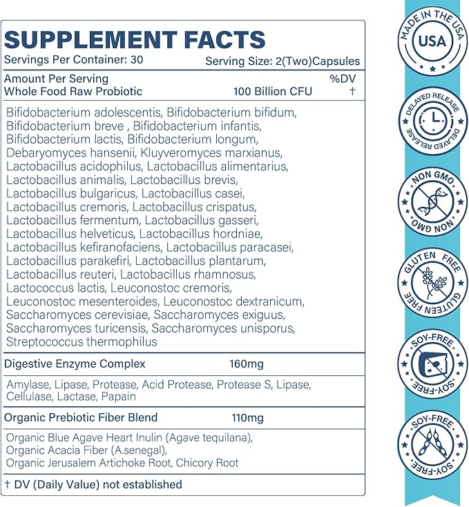 Raw Probiotics for Women & Men - 100 Billion CFU, 35 Strains, Organic Prebiotics & Natural Digestive Enzymes for Digestive, Gut & Immune Health - Soy and Gluten Free, Non-GMO, 120 Vegan Capsules
