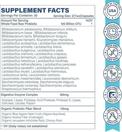 Raw Probiotics for Women & Men - 100 Billion CFU, 35 Strains, Organic Prebiotics & Natural Digestive Enzymes for Digestive, Gut & Immune Health - Soy and Gluten Free, Non-GMO, 120 Vegan Capsules