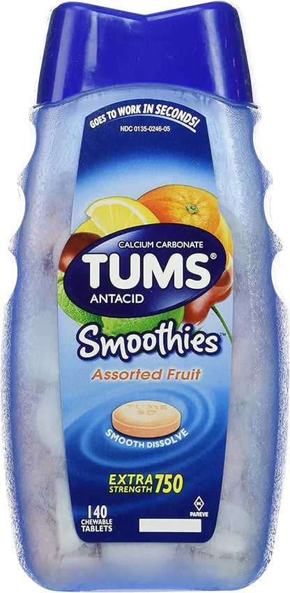 TUMS Smoothies Extra Strength Antacid Chewable Tablets for Heartburn Relief, Assorted Fruit - 140 Count