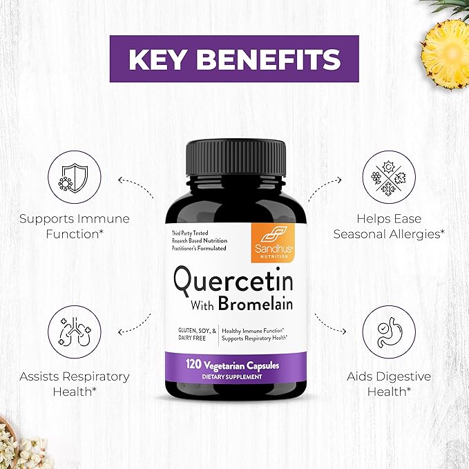 Sandhu's Bromelain with Quercetin Capsules for Men & Women | Supports Immunity, Bone Health and Quality Sleep | 120 Count