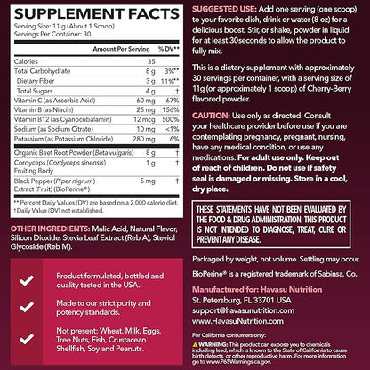 Organic Beet Root Powder with Vitamin B12 & Coryceps - Nitric Oxide Supplement - Beetroot Powder for Energy & Post Workout Recovery - Mix with Water or Smoothies, Cherry Berry Flavor - 30 Servings