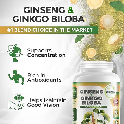 Ginko Biloba & Panax Ginseng Supplement - Red Ginseng Brain Supplement for Memory and Focus - Ginkgo Biloba Supplements for Good Vision, Immune System and Improved Blood Flow - 120 Tablets