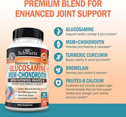 Glucosamine Chondroitin MSM Joint Support Supplement - FSA HSA Approved - Collagen Peptides, Turmeric and Ginger, Hyaluronic Acid, Glucosamine Chondroitin Sulfate - Gluten Free, Non GMO, 180 Capsules