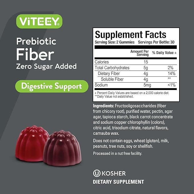 VITEEY Prebiotic Fiber Gummies for Adults, 4g - Zero Sugar Added - Fiber Supplement for Digestive Health Regularity & Natural Weight Support-Vegan, Gelatin Free - Chewable Fruit Flavored Gummy 2 Pack
