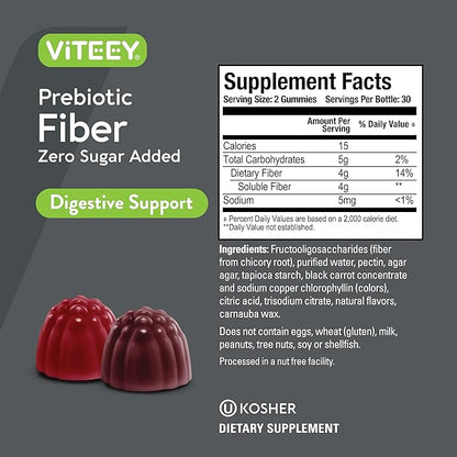 VITEEY Prebiotic Fiber Gummies for Adults, 4g - Zero Sugar Added - Fiber Supplement for Digestive Health Regularity & Natural Weight Support-Vegan, Gelatin Free - Chewable Fruit Flavored Gummy 2 Pack