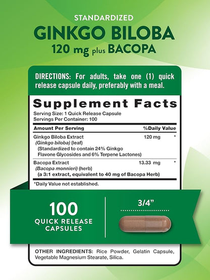 Nature's Truth Ginkgo Biloba 120mg | Plus Bacopa | 100 Quick Release Capsules | Standardized Extract | Non-GMO and Gluten Free Supplement