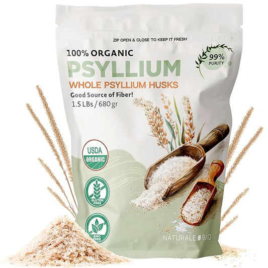 NaturaleBio Whole Psyllium Husk. 1.5lbs. 99% Pure Psyllium Seed Husks. Natural Fiber Supplement. USDA Organic Certified. Produced in India. Gluten Free, Keto, Paleo, Vegan Diets. Probiotics