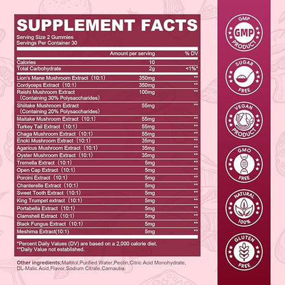 Super Mushroom Complex Gummies, 20-IN-1 Lion's Mane Supplement Gummies - Mushroom Supplement with Cordyceps, Reishi etc, Support for Brain Health, Focus & Clarity, Non-GMO,Raspberry Flavor,60 Gummies