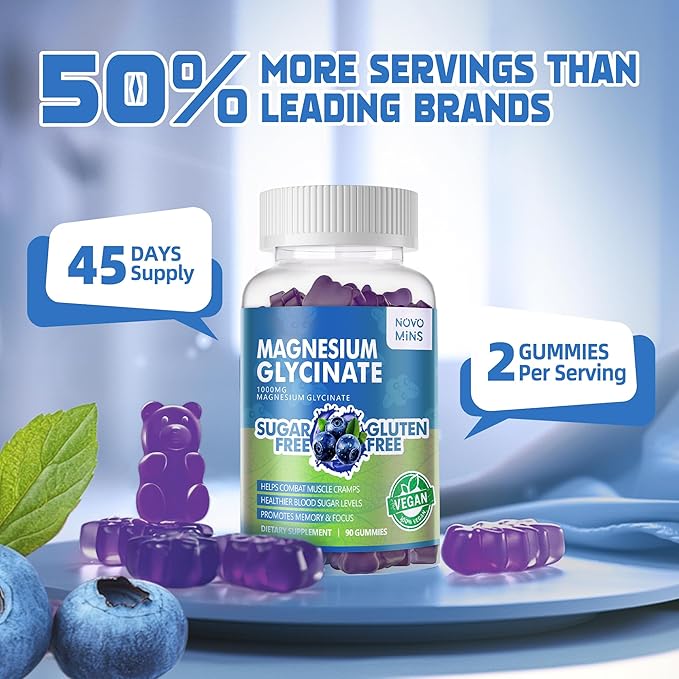 180 CT Magnesium Glycinate Gummies 1000mg - Sugar Free Magnesium Potassium Supplement with Vitamin D, B6, CoQ10 for Calm Mood & Sleep Support - 180 Blueberry Gummies.