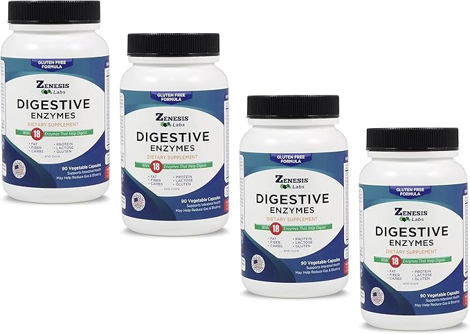 Zenesis Labs Digestive Enzymes - with Amylase, Bromelain, Protease, Lipase & 14 Other Enzymes Bulk 360 Capsule Supply (4 Bottle Set - 90 Capsules/Bottle)