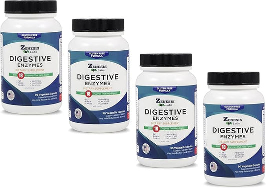 Zenesis Labs Digestive Enzymes - with Amylase, Bromelain, Protease, Lipase & 14 Other Enzymes Bulk 360 Capsule Supply (4 Bottle Set - 90 Capsules/Bottle)