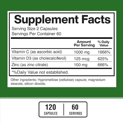 American Standard Supplements Zinc 100mg, Vitamin C 1000mg, and Vitamin D3 5000 IU (125mcg) Per Serving - Gluten Free, Non-GMO, 120 Capsules, 60 Servings
