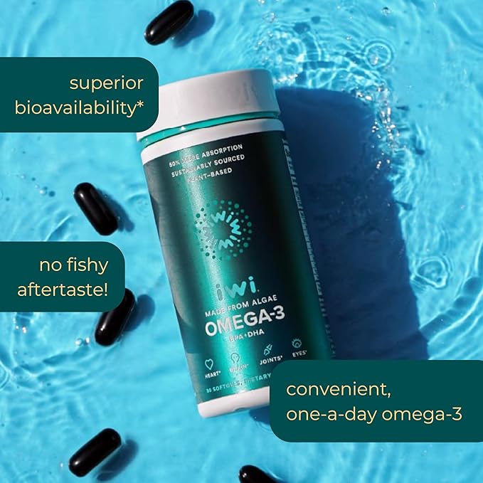 Iwi Omega-3, 30 Softgels (30 Servings), Vegan Plant-Based Algae Omega 3 with EPA + DHA, Whole-Body Support Dietary Supplement, Krill & Fish Oil Alternative, No Fishy Aftertaste