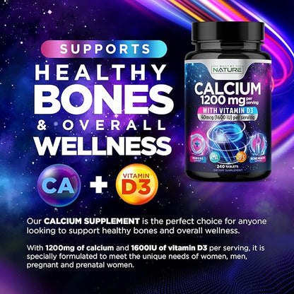Calcium 1200mg with Vitamin D3 for Best Absorption - Advanced Bone Support Supplement, 1200 mg Calcium Carbonate & 1600 IU Vitamin D3, Slow Release for Immune Support, Easy to Swallow, 240 Tablets