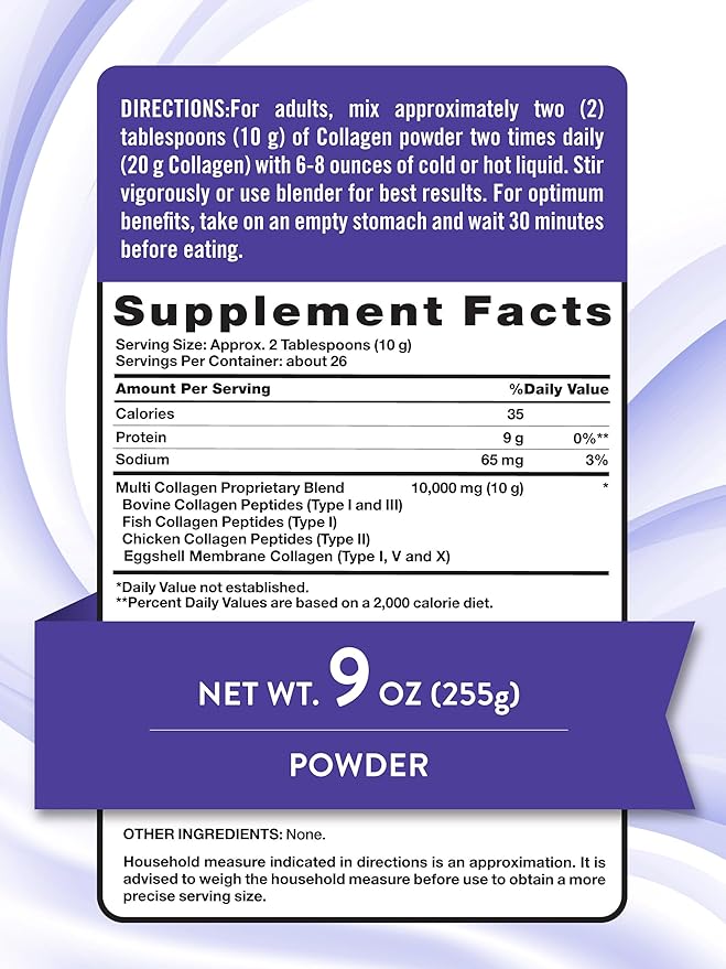 Nature's Truth Multi Collagen Peptide Powder | 9 oz | Type I, II, III, V, X | Unflavored | Non-GMO & Gluten Free Supplement
