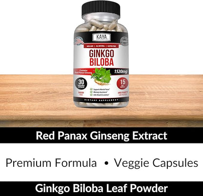 Kaya Naturals Red Panax Ginseng + Ginkgo Biloba - Nootropic Brain Supplement - Cognitive and Concentration Support - Brain Booster, Focus, and Memory Supplement - 30 Capsules