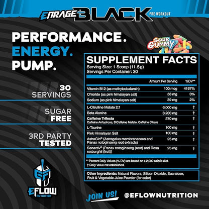 eFlow Nutrition Enrage Black High Stimulant Pre Workout Supplement - Preworkout Powder to Boost Energy, Pumps and Strength - 4 Flavors (30 Servings) (Sour Gummy)