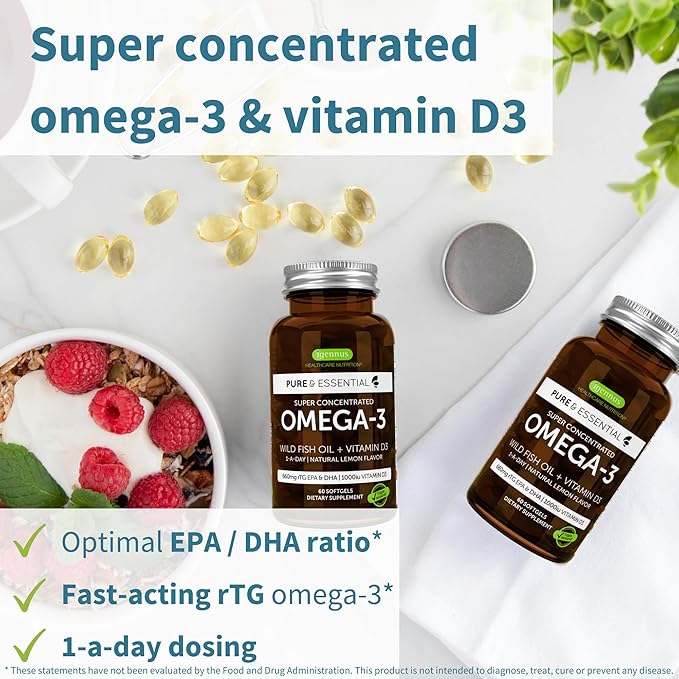 Igennus Advanced Omega-3 Wild Fish Oil & Vitamin D3, 1-a-Day, EPA & DHA Fatty Acids, rTG Fast-Acting Triglyceride Form, Ultra Pure & Non-GMO, 360 Softgels