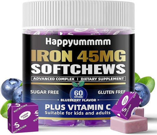 Iron Soft Chews Supplement with Vitamin C | Blueberry Flavored | Gluten Free | Iron Supplement for Women Men and Kids | 60 Count | 2 Month Supply