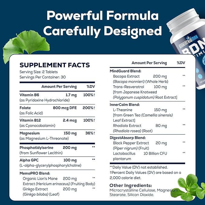Nootropic Brain Supplement for Memory and Focus – BDNF Optimizer – Cognitive, Mental Clarity & Mood – High Absorption – Organic Lion's Mane, Ginkgo Biloba, Alpha GPC & L-Theanine – 60 Tablets